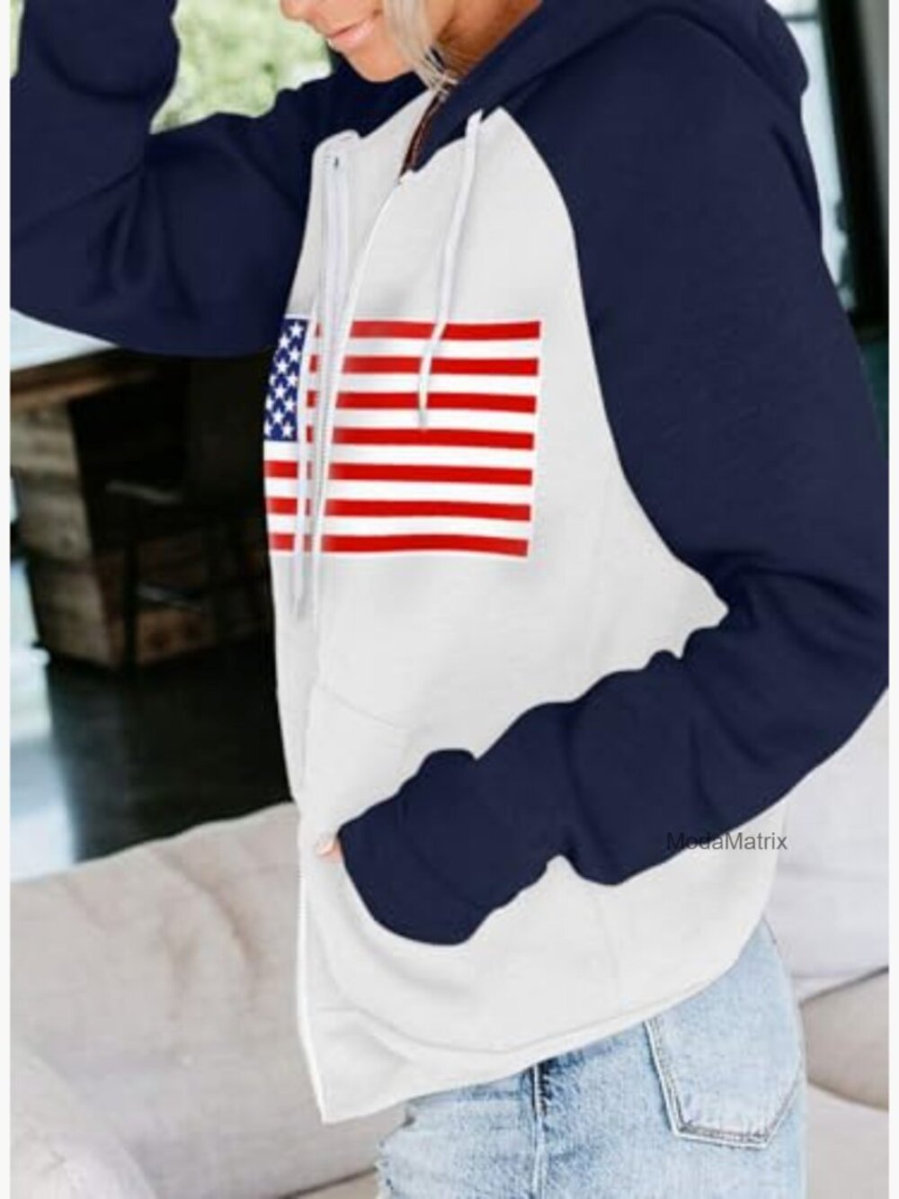 Zip Up Hoodie Women's American Flag Graphic Long Sleeve Color Block with Pockets - Picture 2 of 7